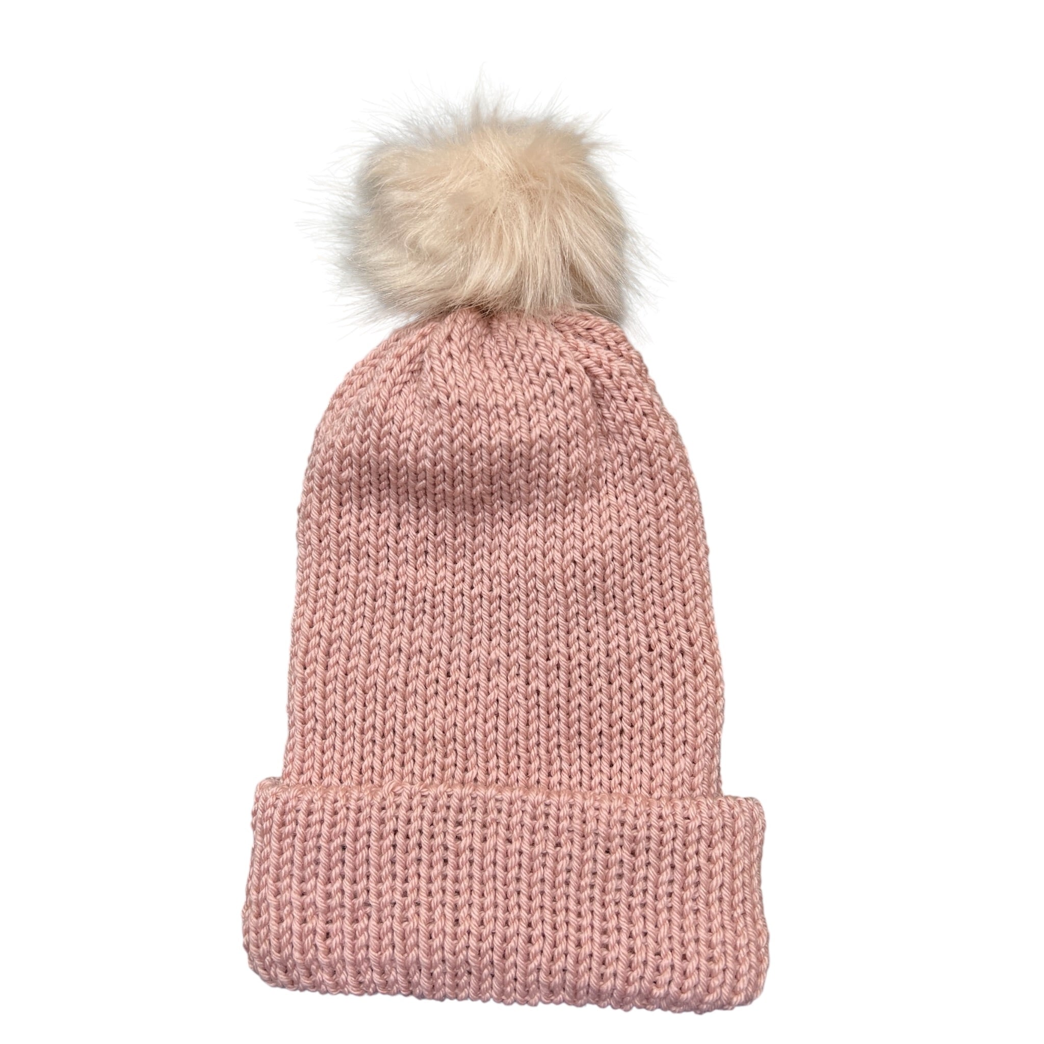 Knitted Beanies - Double Knitted, Reversible Size Adult F- Dusty Pink with Pom Pom  #1009