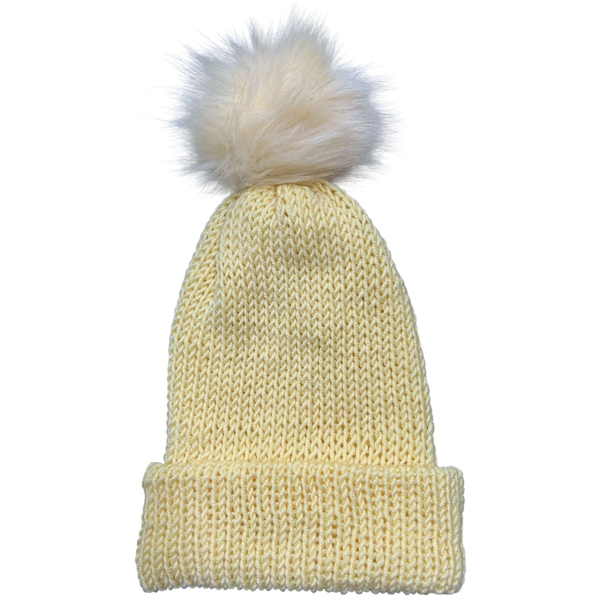 Knitted Beanies - Double Knitted, Reversible Size Adult F - Pale Yellow with Pom Pom #1008
